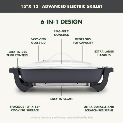 GreenPan Advanced 12” X 15” Electric Skillet with Lid, 7QT Capacity
