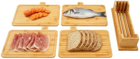 4 Pack 13.2"L x 8.9"W Bamboo Cutting Boards with Holder and Food Icons