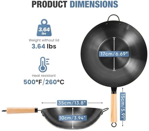 Sweetcrispy 13.5 Inch Carbon Steel Wok Pan, Pre-Seasoned Flat Bottom