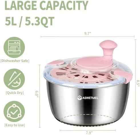 Stainless Steel Salad Spinner, ASWETMEL 5.3 Qt Lettuce Spinner