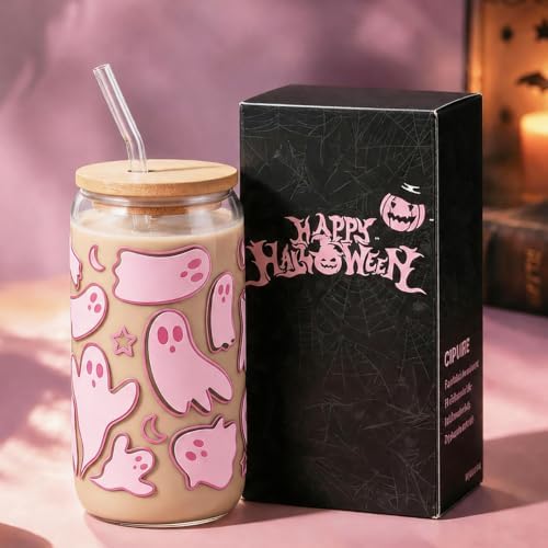 Halloween Ghost Gift for Women Pink Glass Cup with Lid and Straw