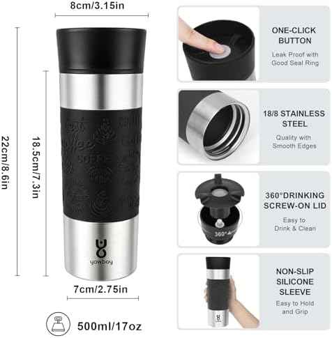 Travel Coffee Mug with 360°Lid, Travel Coffee Tumbler 16 oz Leak