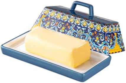 Boho Ceramic Butter Dish with Lid & Tray, Butter Keeper for Countertop