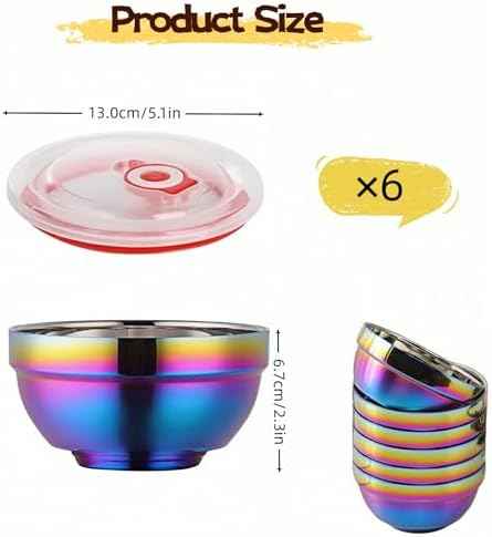 Rainbow Bowl Set of 6 with Lids, Stainless Steel Dinnerware Metal Double-walled Insulated Cereal Bowls for Eating Kitchen, Dishwasher Safe and Unbreakable