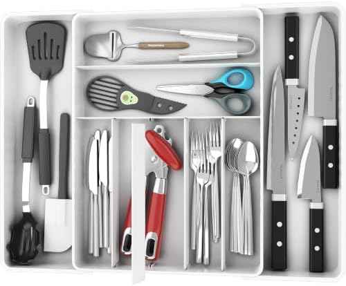 Simple Houseware Expandable Kitchen Drawer Flatware Organizer, White