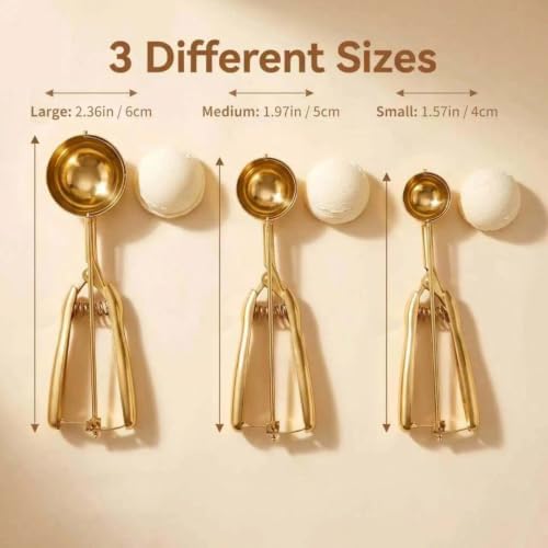 Gold Ice cream spoon,3Pcs Cookie Scoop Set,Stainless steel ice cream