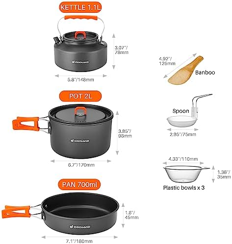 Odoland 10pcs Camping Cookware Camping Pots and Pans Set with Kettle