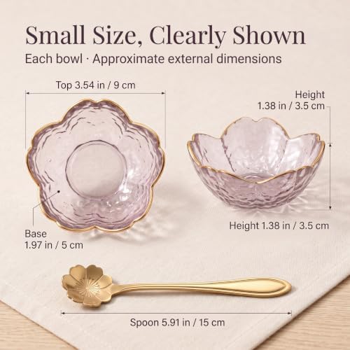 Set of 6 Mini Glass Bowls, Pink Cherry Blossom, with Gold Spoons