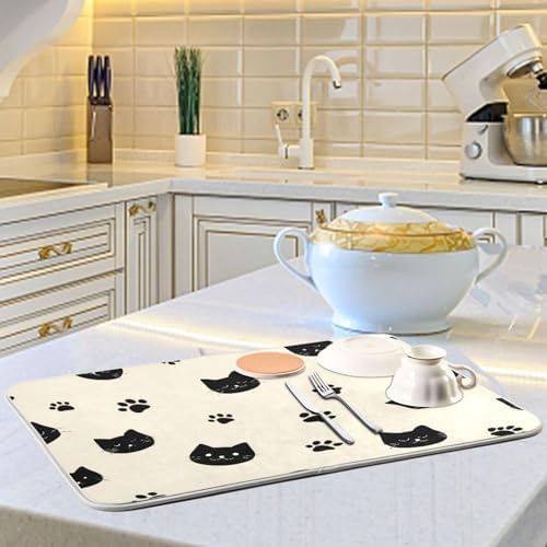 OTVEE Cute Cat Art Dish Drying Mat for Kitchen Counter Absorbent Heat