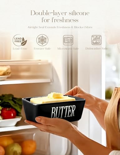 Ceramic Butter Dish with Lid and Knife & Silicone Seal for Countertop