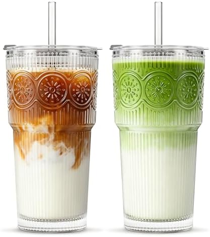 INSETLAN 20 oz Iced Coffee Cups with Lids and Straw, Set of 2 Glass