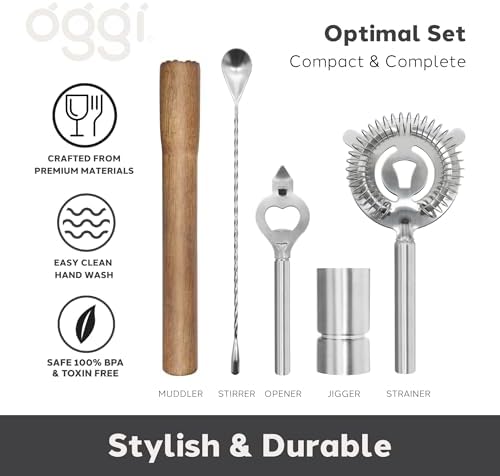 OGGI 6-Piece Slim Bartender Kit - Ideal Bar Cart Accessories, Great