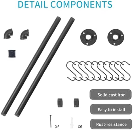 38 inch Pipe Hanging Rail for Pots, Pans, Lids, Kitchen Utensils, Wall Mounted Rail Rack Pipe Bar with 10 S Hooks Indutrial Style, Black