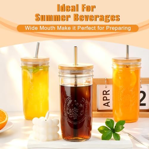 Magicsky 24 oz Glass Cups Iced Coffee Mason Jar Tumbler with Lids and