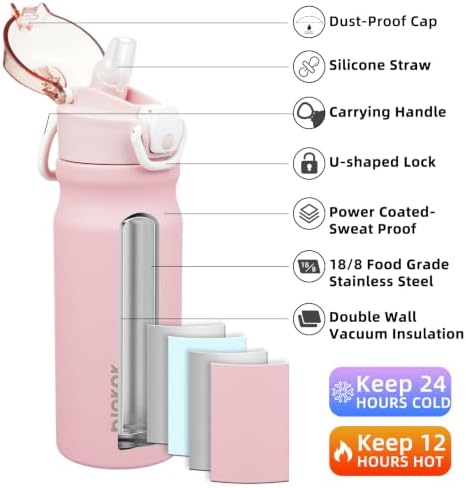 BJPKPK 18 oz Water Bottle with Straw & Handle, Insulated Stainless