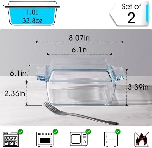 Set of 2 Glass Casserole Dish With Glass Lid, Square 6in x 6in Glass