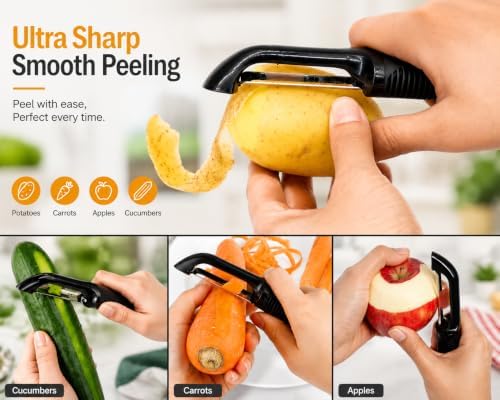 Kitchen Peeler 4-Pc Set, 3-in-1 Rotary Julienne, Swivel, Citrus &