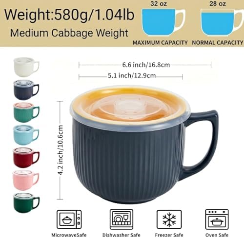 Ceramic Soup Bowl with Handle & Lid, Large 32oz Microwave Ramen Bowl