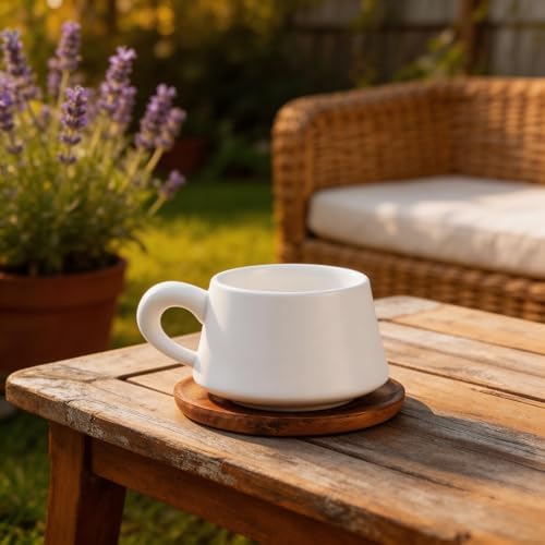 Set of 1 Ceramic Tea White Cup and Wood Saucer - 7 oz Tea Mug - Wide
