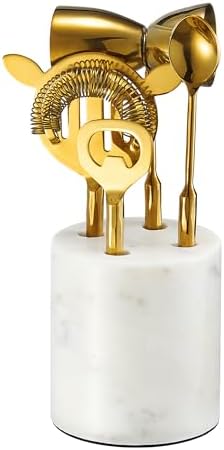 5-Piece Gold & Marble Bartender Kit with Stand, Stainless Steel Bar