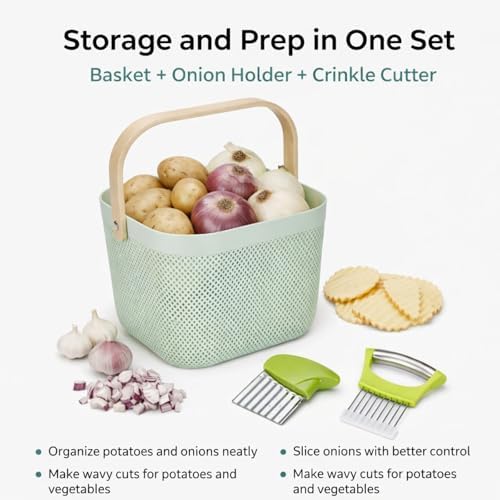 Potato and Onion Storage Bin Set, Produce Basket with Onion Slicer &
