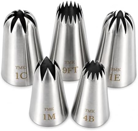 5 Pack Stainless Steel Seamless Piping Icing Tips #9FT 1C 1E 1M 4B