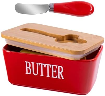 Red Butter Dish with Lid for Countertop, Large Ceramic Covered Butter