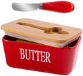 Red Butter Dish with Lid for Countertop, Large Ceramic Covered Butter