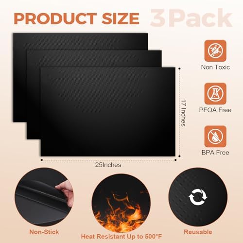 3 Pack Oven Liners for Bottom of Oven, 17"x 25" Non-Stick Reusable