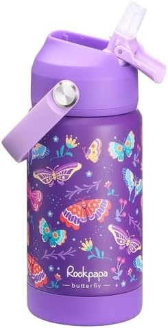 rockpapa 14oz Kids Stainless Steel Water Bottle with Straws, Butterfly