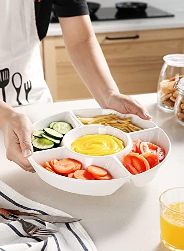 Sweese Porcelain Chip & Dip Serving Set - Divided Platter with 5 Compartments, Relish Tray for Snacks, Veggies, Candy - Durable, Microwave & Dishwasher Friendly - Elegant White Design for Parties