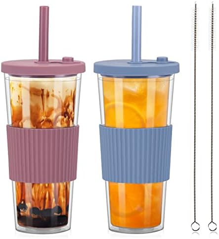 2 Pack Reusable Boba Tea Cups, 24oz Iced Coffee Cup with Straw and
