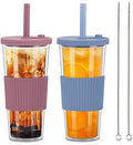 2 Pack Reusable Boba Tea Cups, 24oz Iced Coffee Cup with Straw and