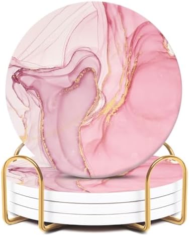 Cute Pink Absorbent Coasters Set of 4, Ceramic Coasters with Gold