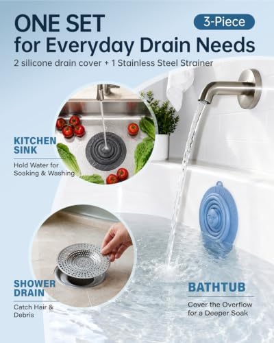 2 Silicone Bathtub Tub Stoppers with Stainless Steel Strainer Set