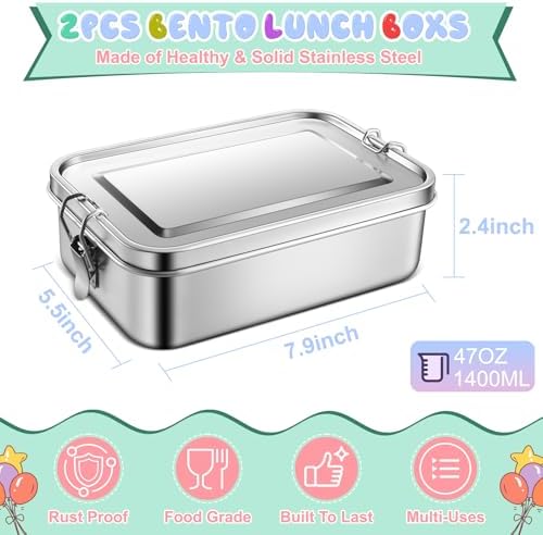 TeamFar Stainless Steel Bento Box, 2 Pack 47oz/1400ml Metal Lunch Box