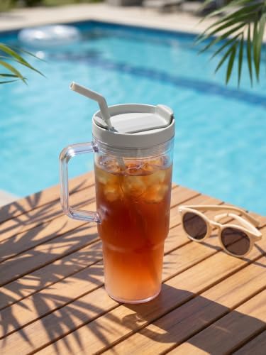 3 Pack Plastic Tumblers with Handle and Straws Lids - 40oz, 26oz, 15oz