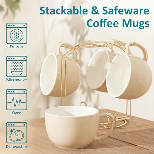 Teocera 16oz Large Coffee Mugs Set of 4 - Thick Cream Porcelain Cups