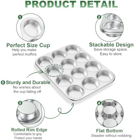 12-Cup Stainless Steel Muffin Pan, Cupcake Pan Metal Muffin Baking