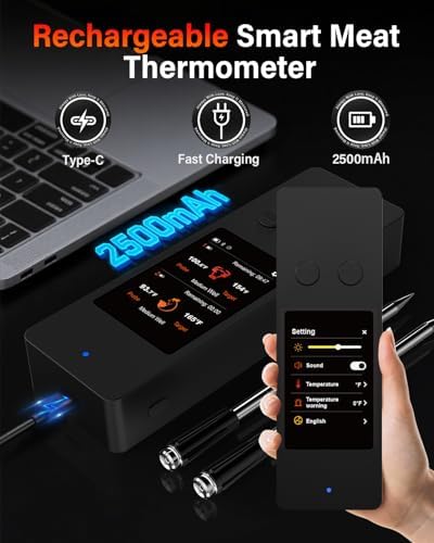 AWLKIM Wireless Meat Thermometer with Touchscreen Base, 2 Probes