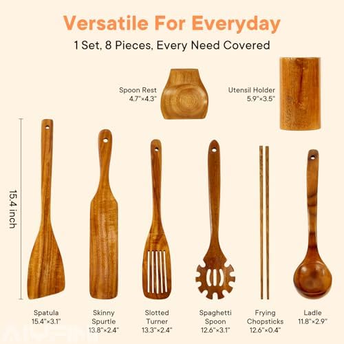 Wooden Kitchen Utensil Set, 15.4-Inch Long Handle