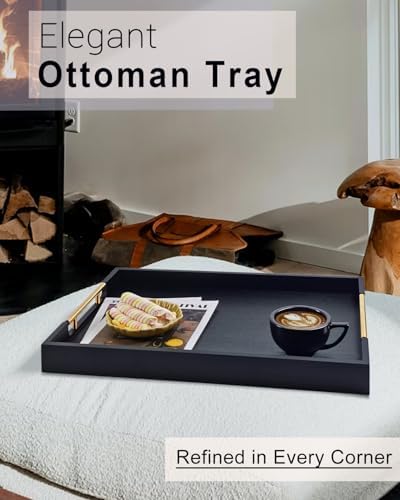 22 Inches Wooden Serving Tray with Handles, Black Ottoman Tray