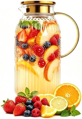 Amzcku Glass Pitcher with Lid 68oz 2L Vintage Water Carafe Beverage