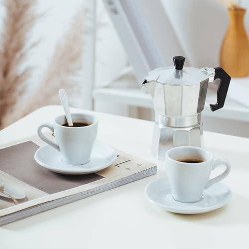 Espresso Cups Set of 6, 2.8 oz White Espresso Cups and Saucers