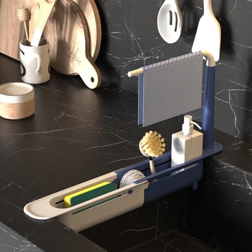Telescopic Sink Storage Rack with 2 Sponges, Blue