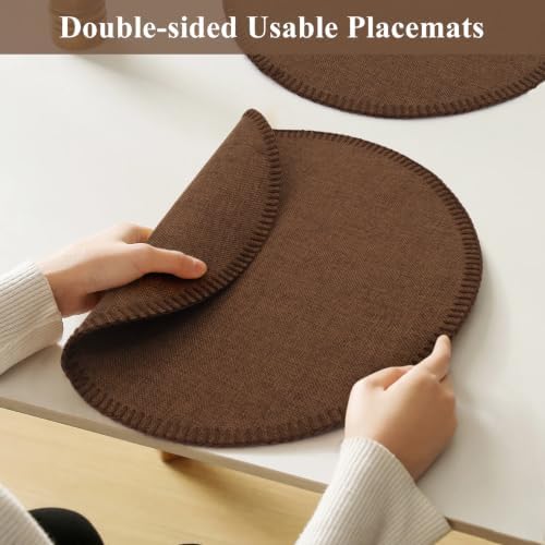 15" Round Placemats Set of 6, Faux Linen Cloth Place Mats, Coffee
