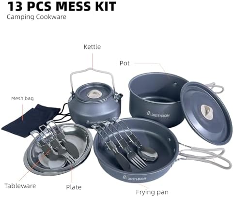 13-Piece Camping Cookware Set for 2, 2 L Pot & 1.1 L Kettle