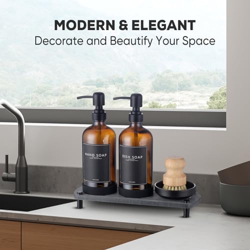 Kitchen Soap Dispenser Set, 16 Oz, Amber Glass