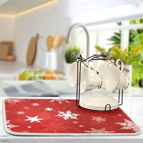 OTVEE Red Snowflake Display Dish Drying Mat for Kitchen Counter