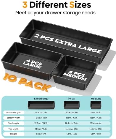 10 Pack Large Size Plastic Drawer Organizers Set, 3 Sizes Desk Drawer